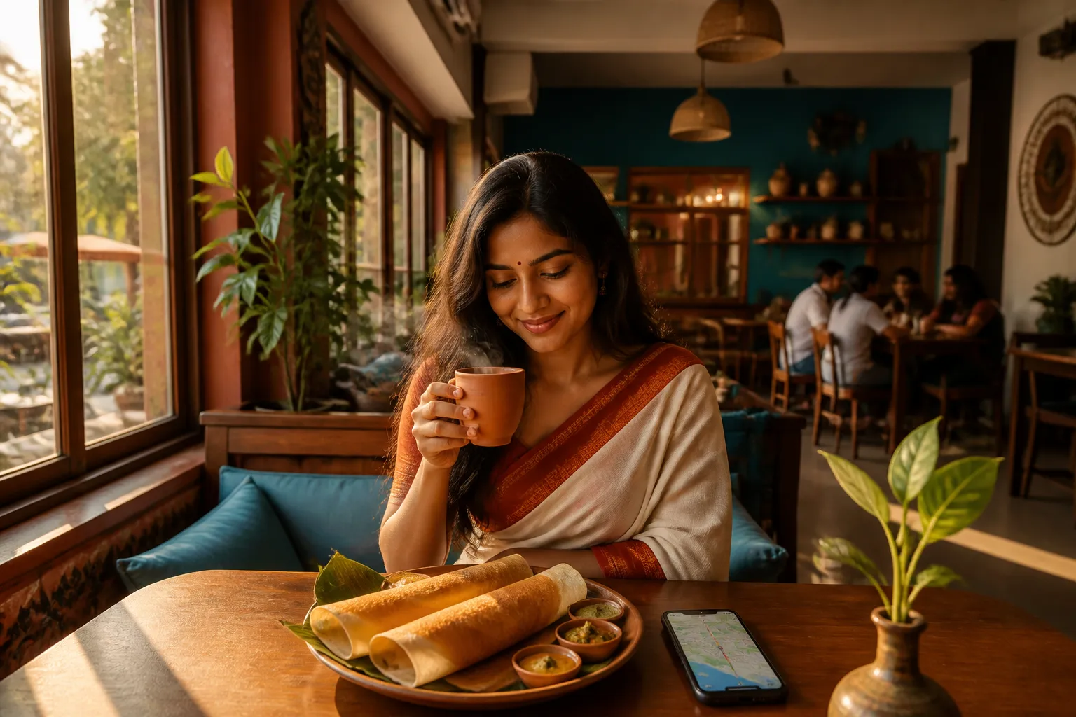 Sunlit cafe in Bhubaneswar with food and Google Maps on a phone