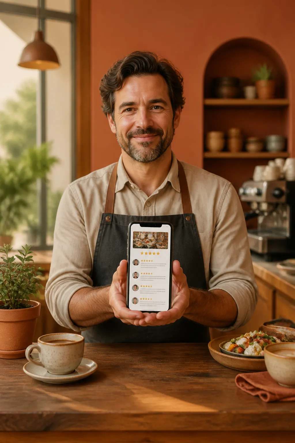 Restaurant owner viewing their improved Google Business Profile ratings on a smartphone